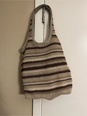 Striped Crochet Tote Bag in Beige and Brown